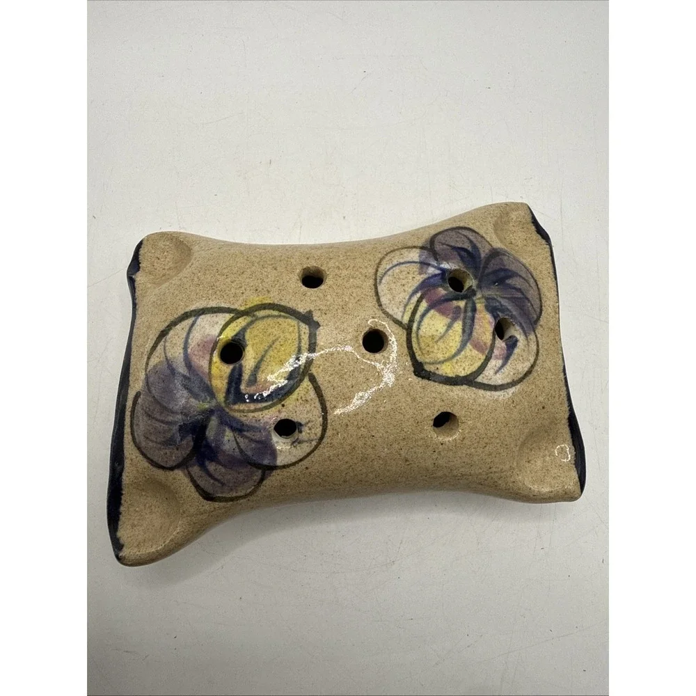 Vintage Pottery Pillow Flower Frog Hand Painted Pansy Floral 5